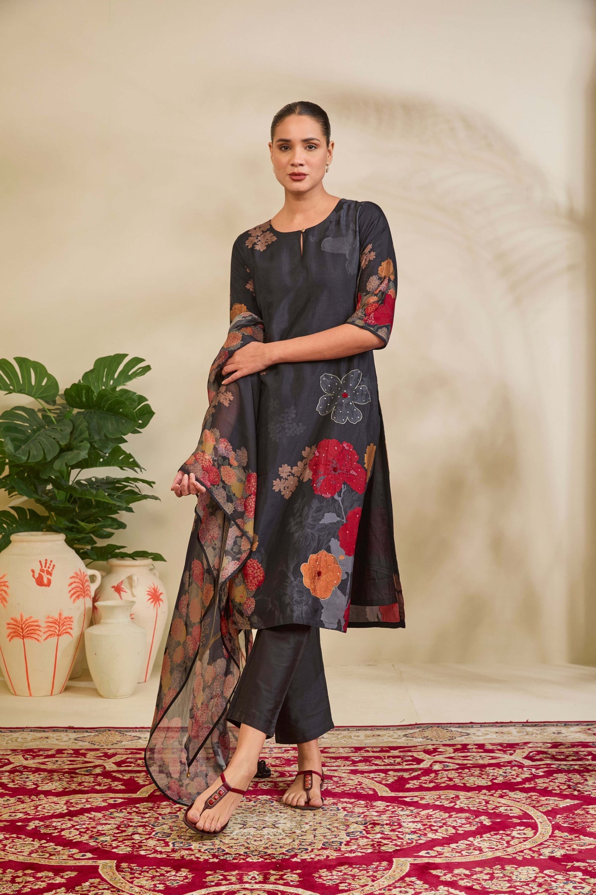 Charcoal Black Muslin Kurta Set with Floral Print and Embellishment