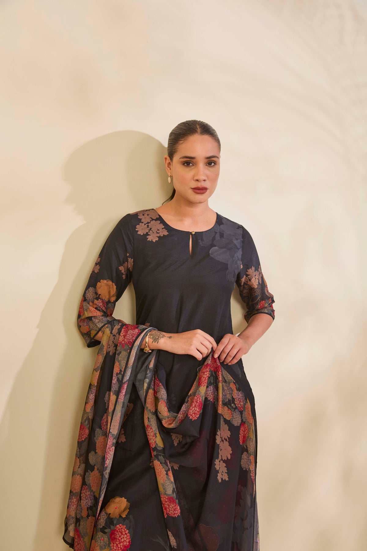 Charcoal Black Muslin Kurta Set with Floral Print and Embellishment