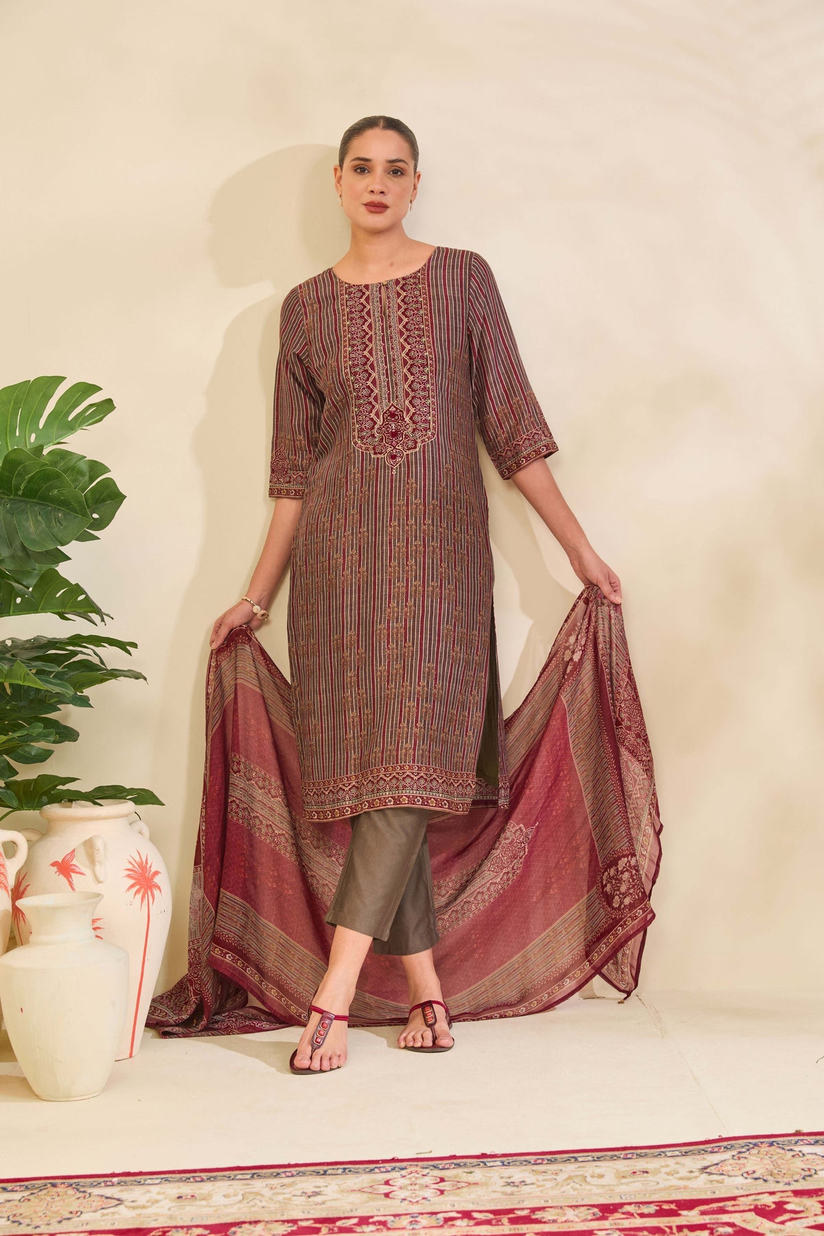 Olive Maroon Muslin Kurta Set with Striped Ethnic Print