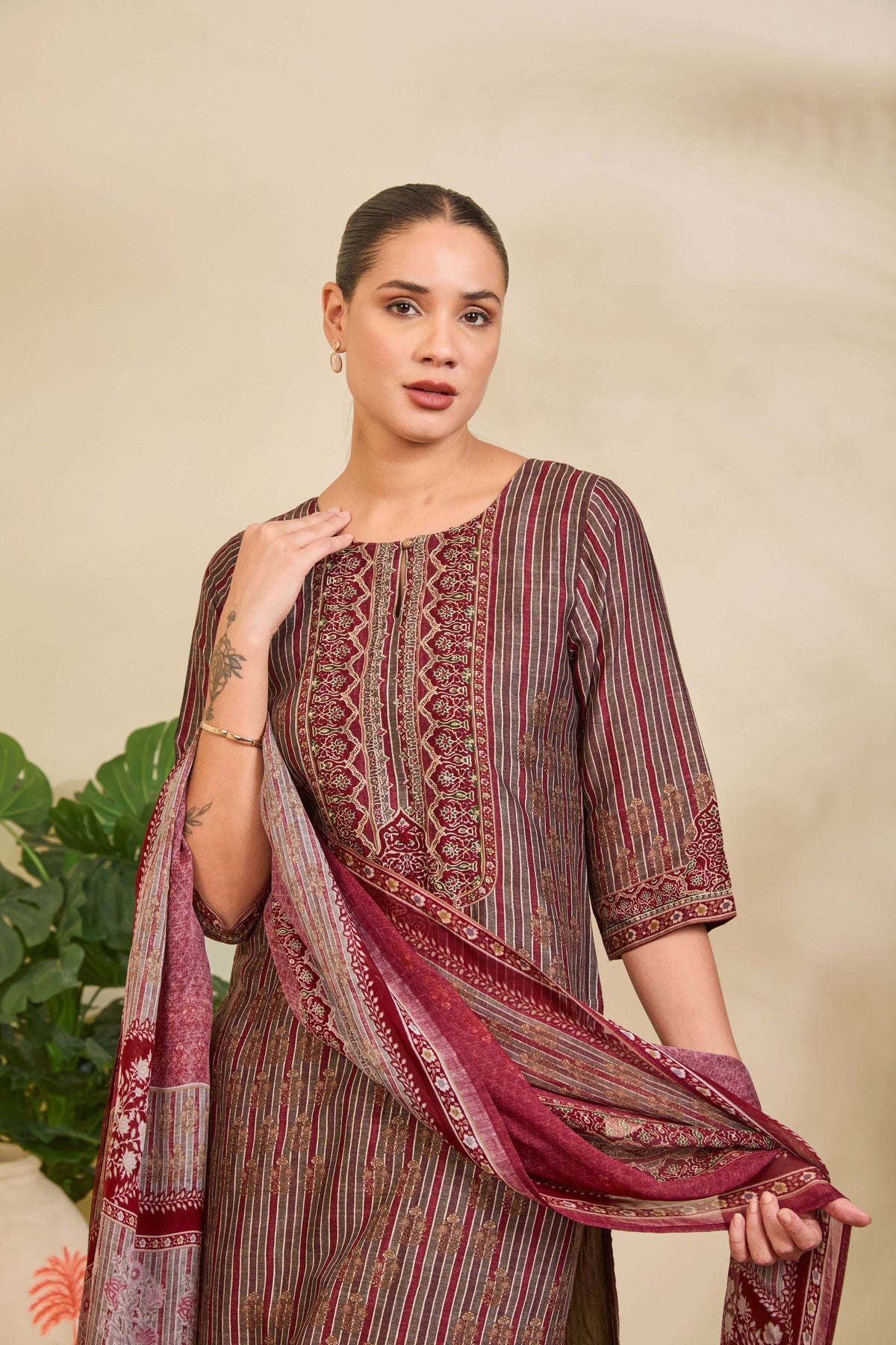 Olive Maroon Muslin Kurta Set with Striped Ethnic Print