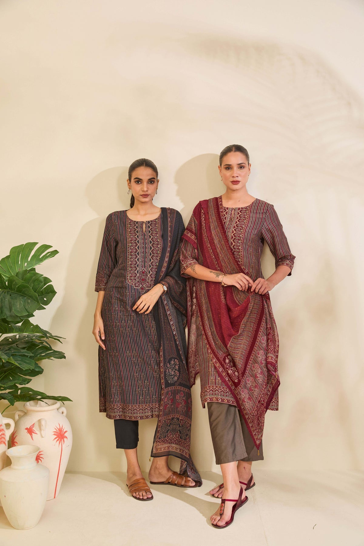 Olive Maroon Muslin Kurta Set with Striped Ethnic Print