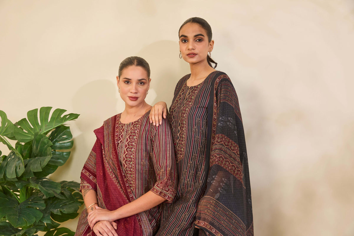 Olive Maroon Muslin Kurta Set with Striped Ethnic Print