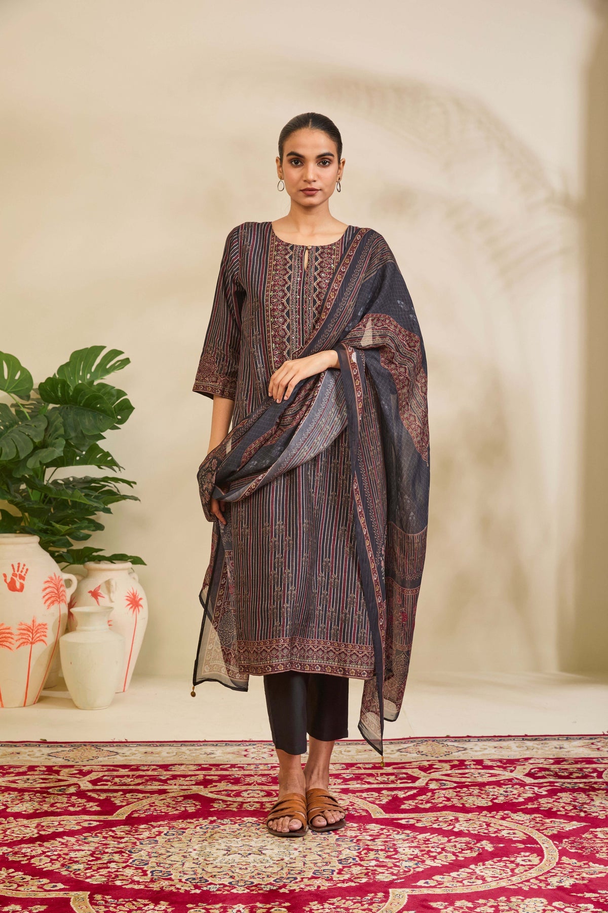 Charcoal Maroon Muslin Kurta Set with Striped Ethnic Print