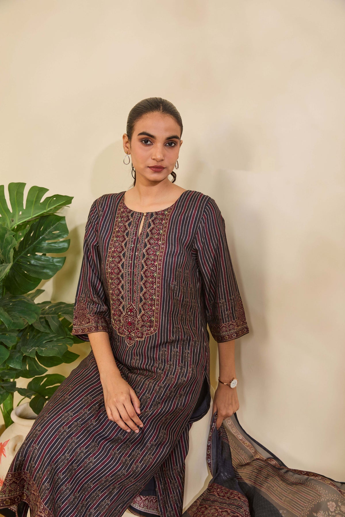 Charcoal Maroon Muslin Kurta Set with Striped Ethnic Print