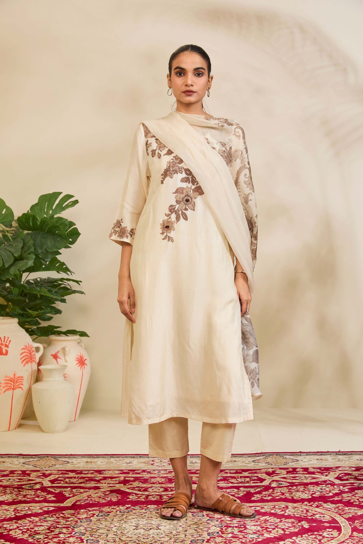Ivory Muslin Kurta Set with Sepia Floral Print and Highlights