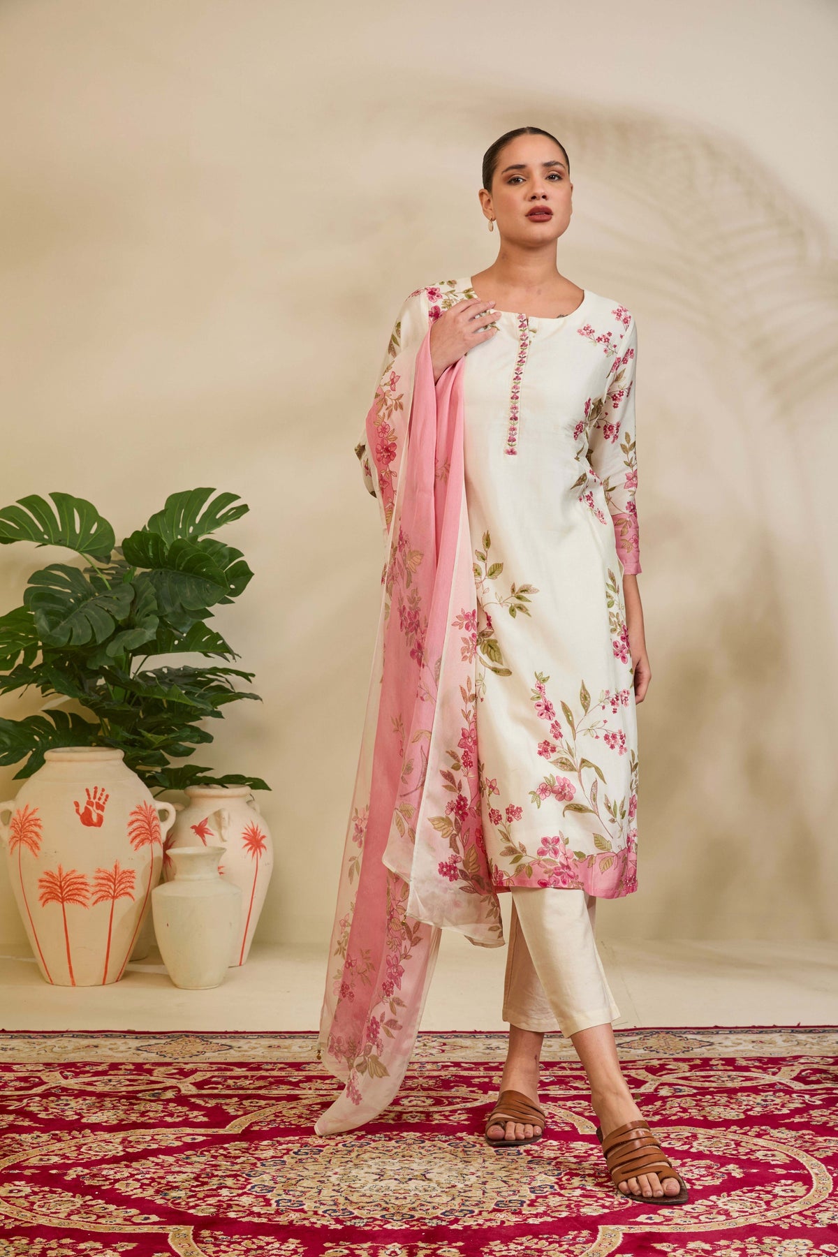 Ivory Muslin Kurta Set with Pink Floral Print and Highlights