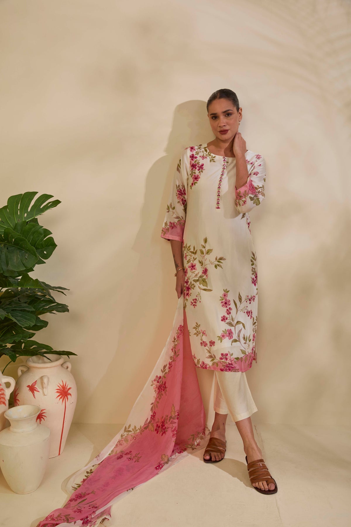 Ivory Muslin Kurta Set with Pink Floral Print and Highlights
