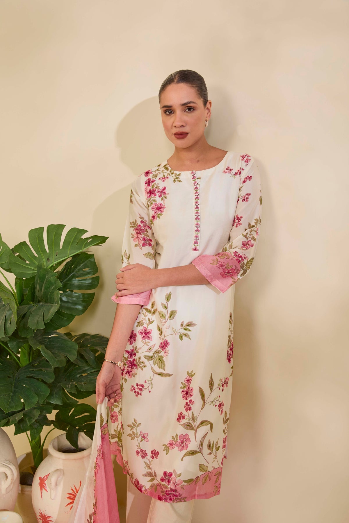 Ivory Muslin Kurta Set with Pink Floral Print and Highlights