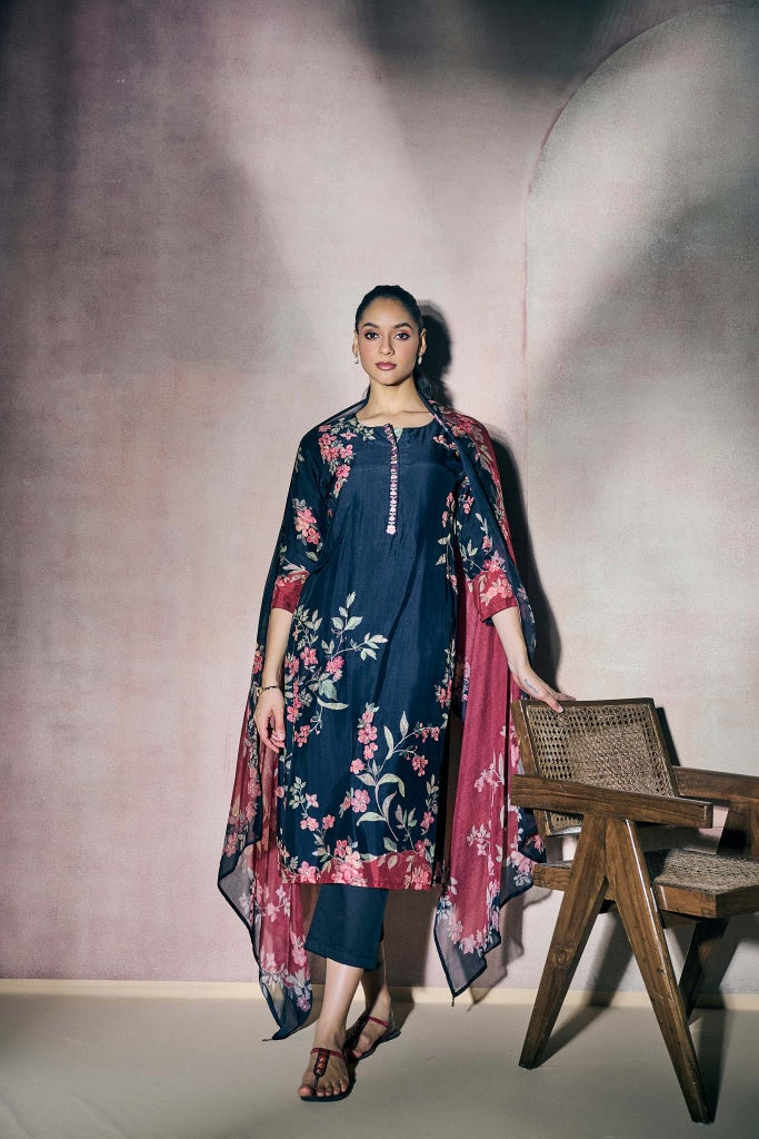 Navy Blue Muslin Kurta Set with Pink Floral Print and Highlights