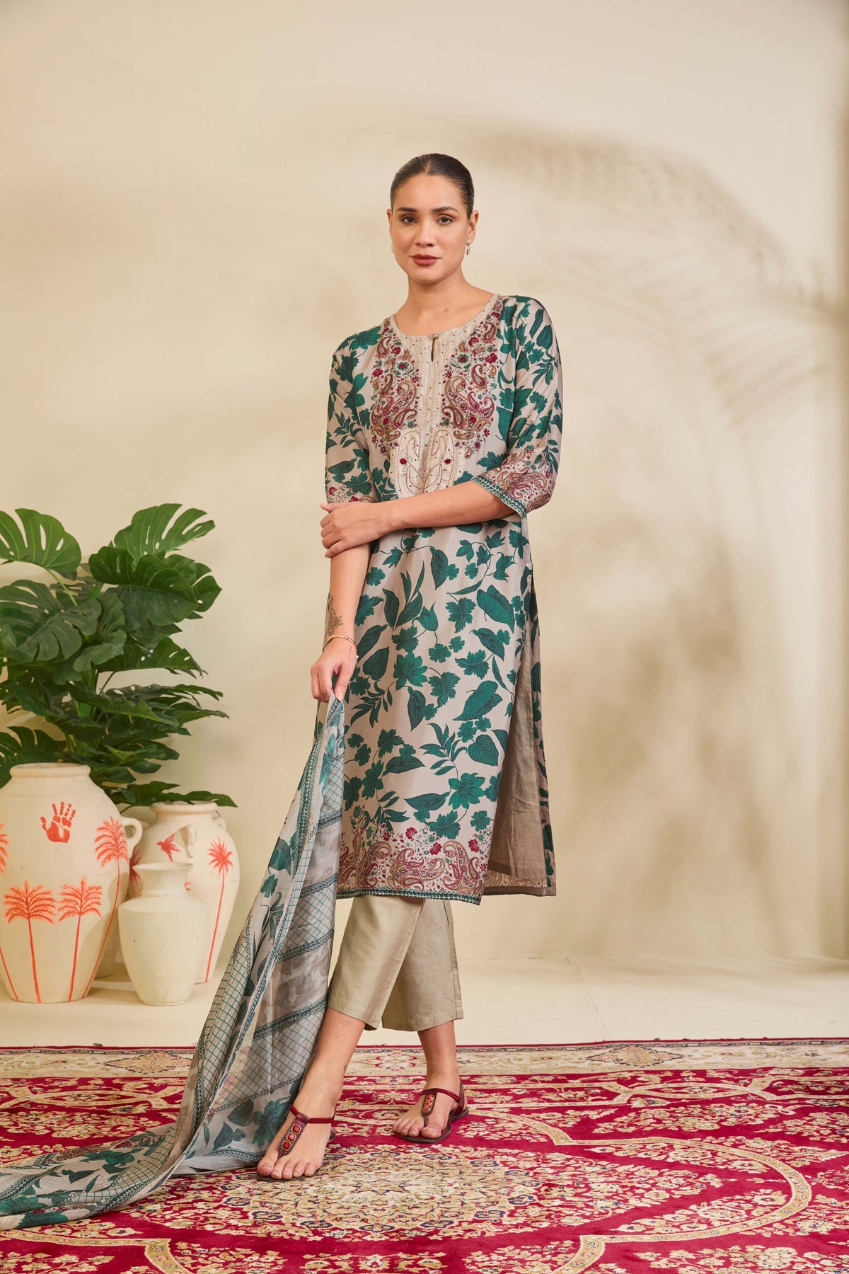 Taupe Grey Muslin Kurta Set with Botanical Print and Embroidery