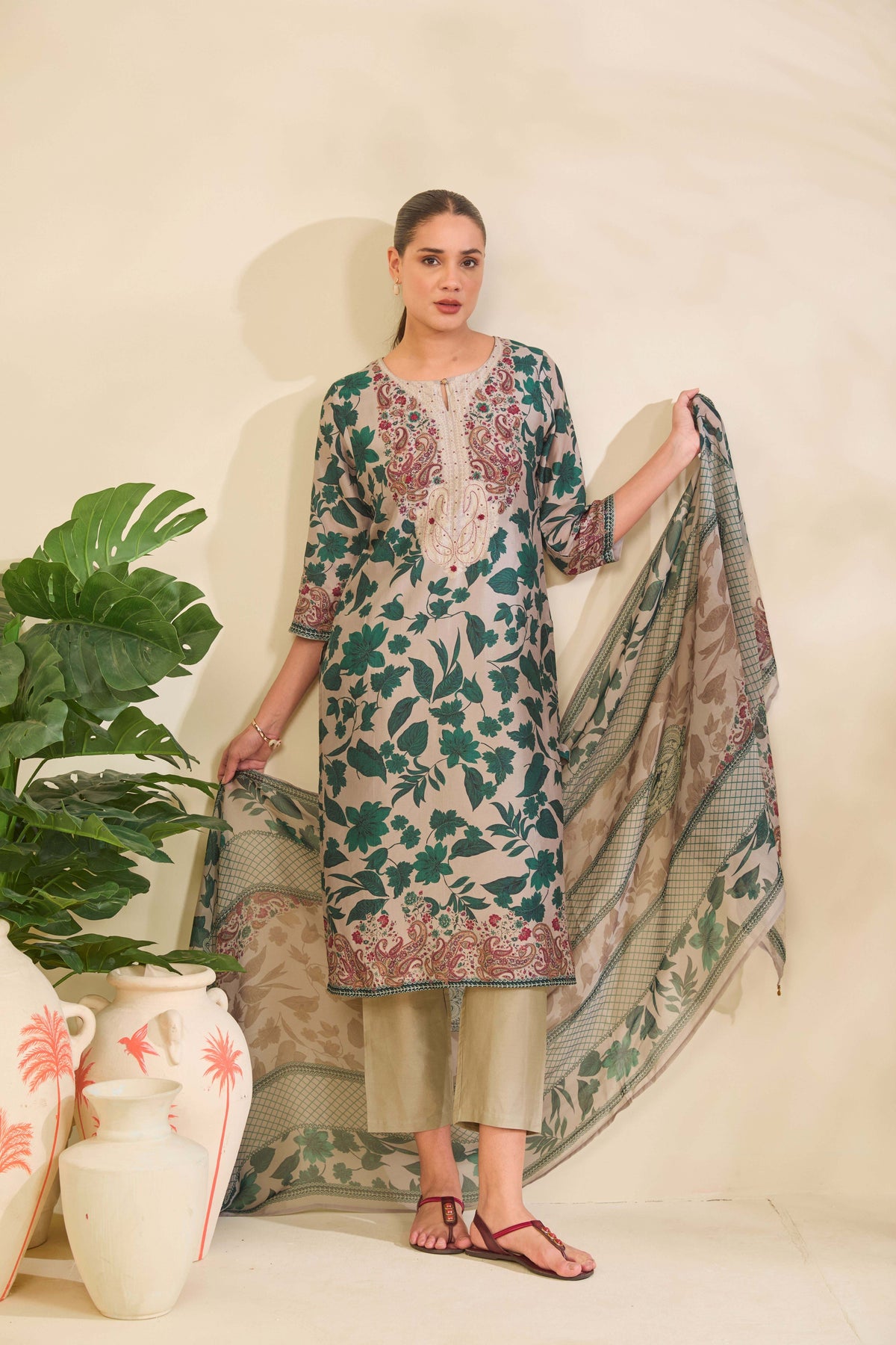 Taupe Grey Muslin Kurta Set with Botanical Print and Embroidery
