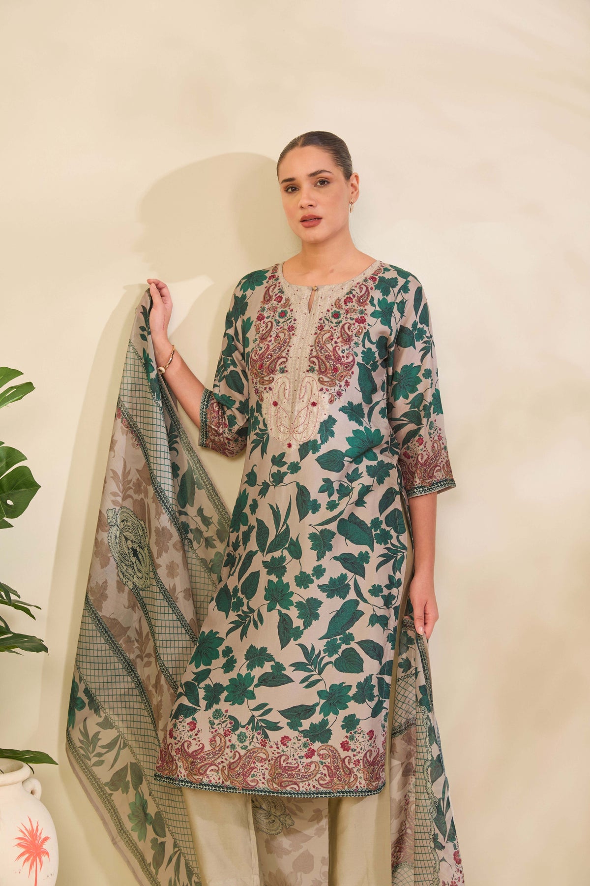 Taupe Grey Muslin Kurta Set with Botanical Print and Embroidery
