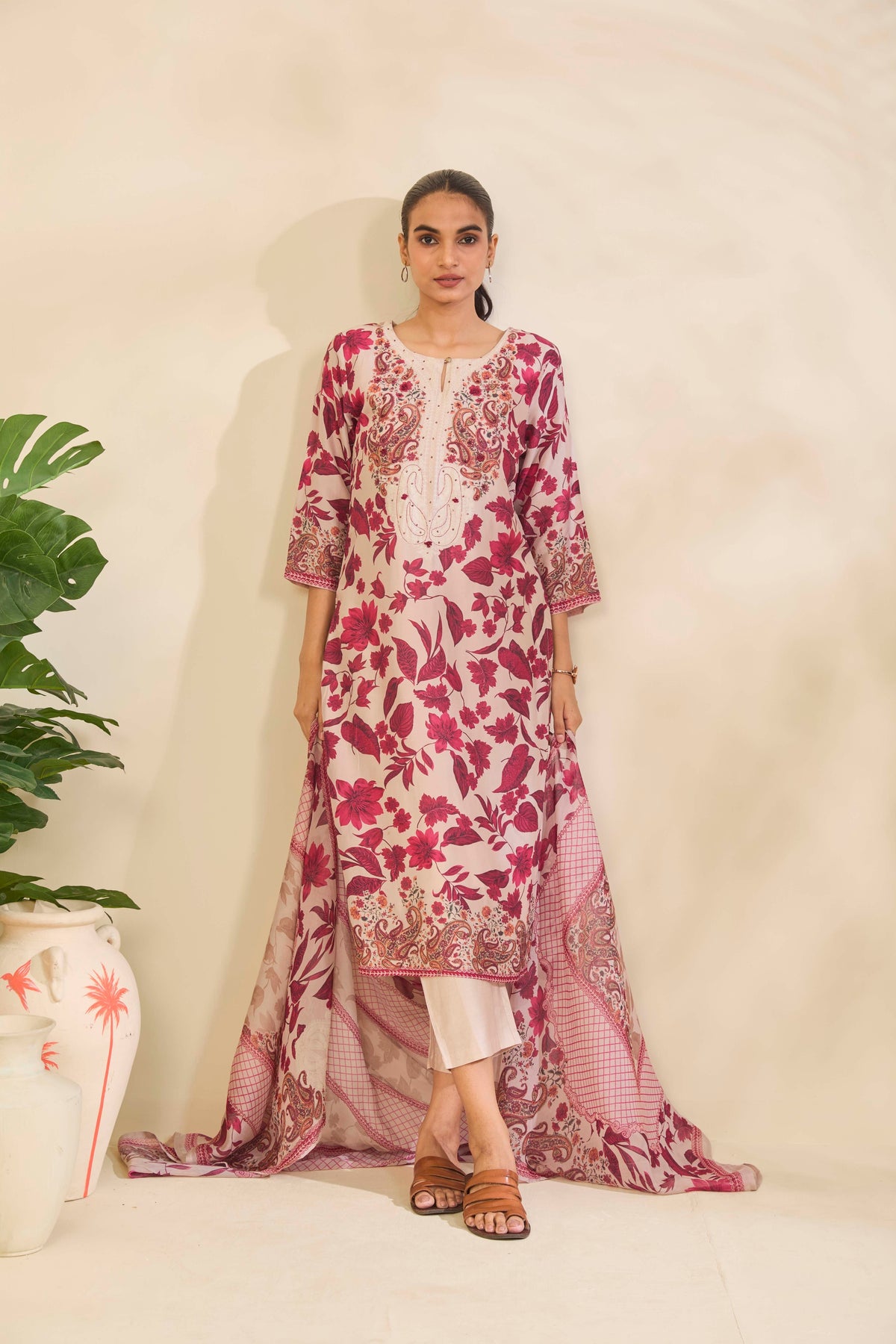 Blush Beige Muslin Kurta Set with Botanical Print and Embroidery