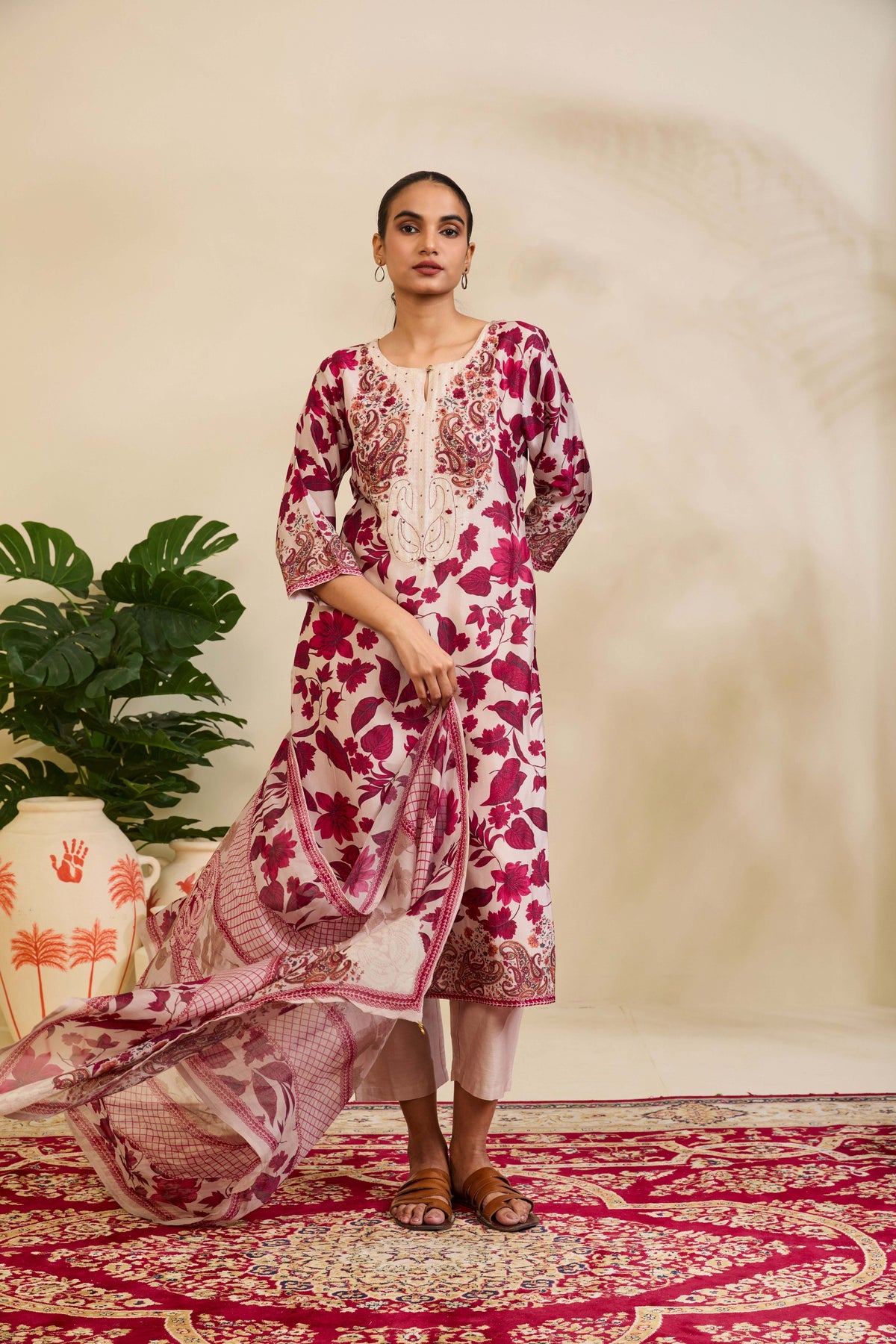 Blush Beige Muslin Kurta Set with Botanical Print and Embroidery