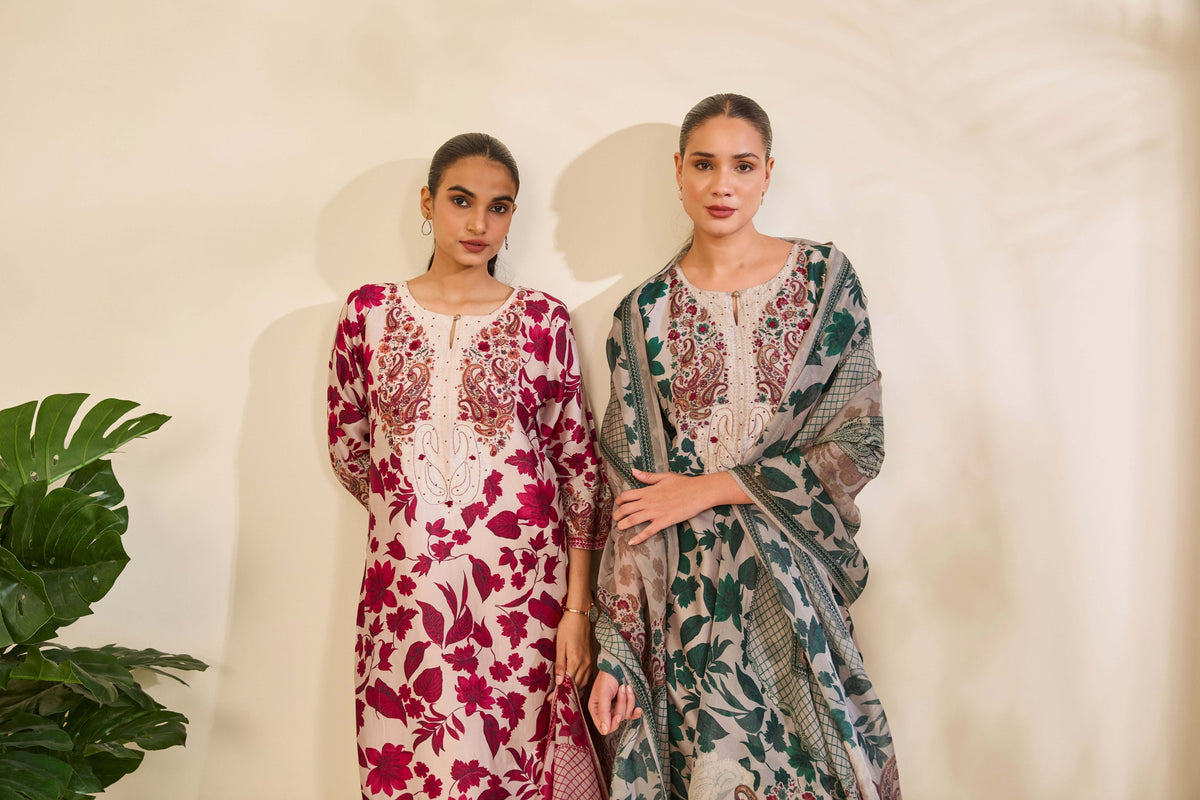 Blush Beige Muslin Kurta Set with Botanical Print and Embroidery