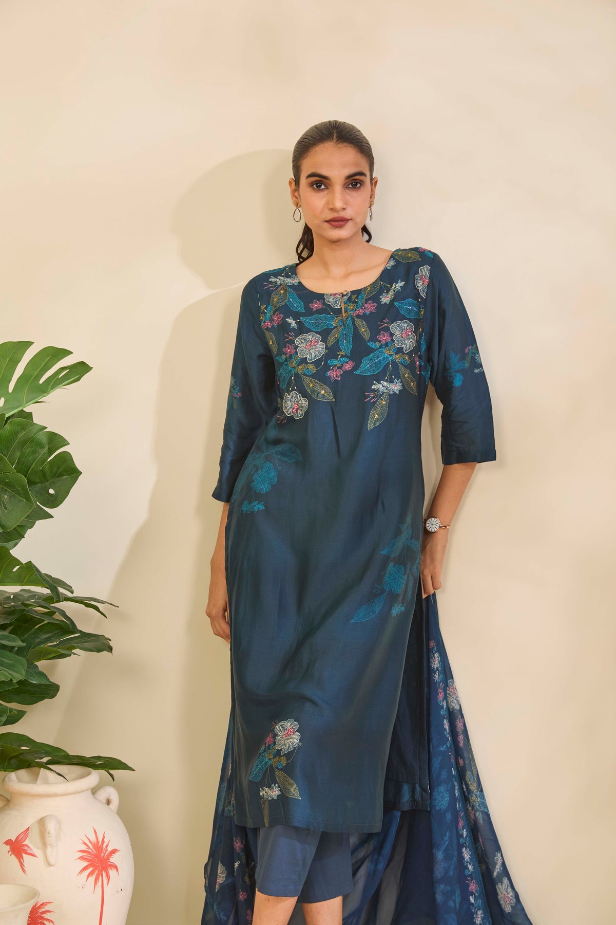 Petrol Teal Muslin Kurta Set with Floral Print and Highlights