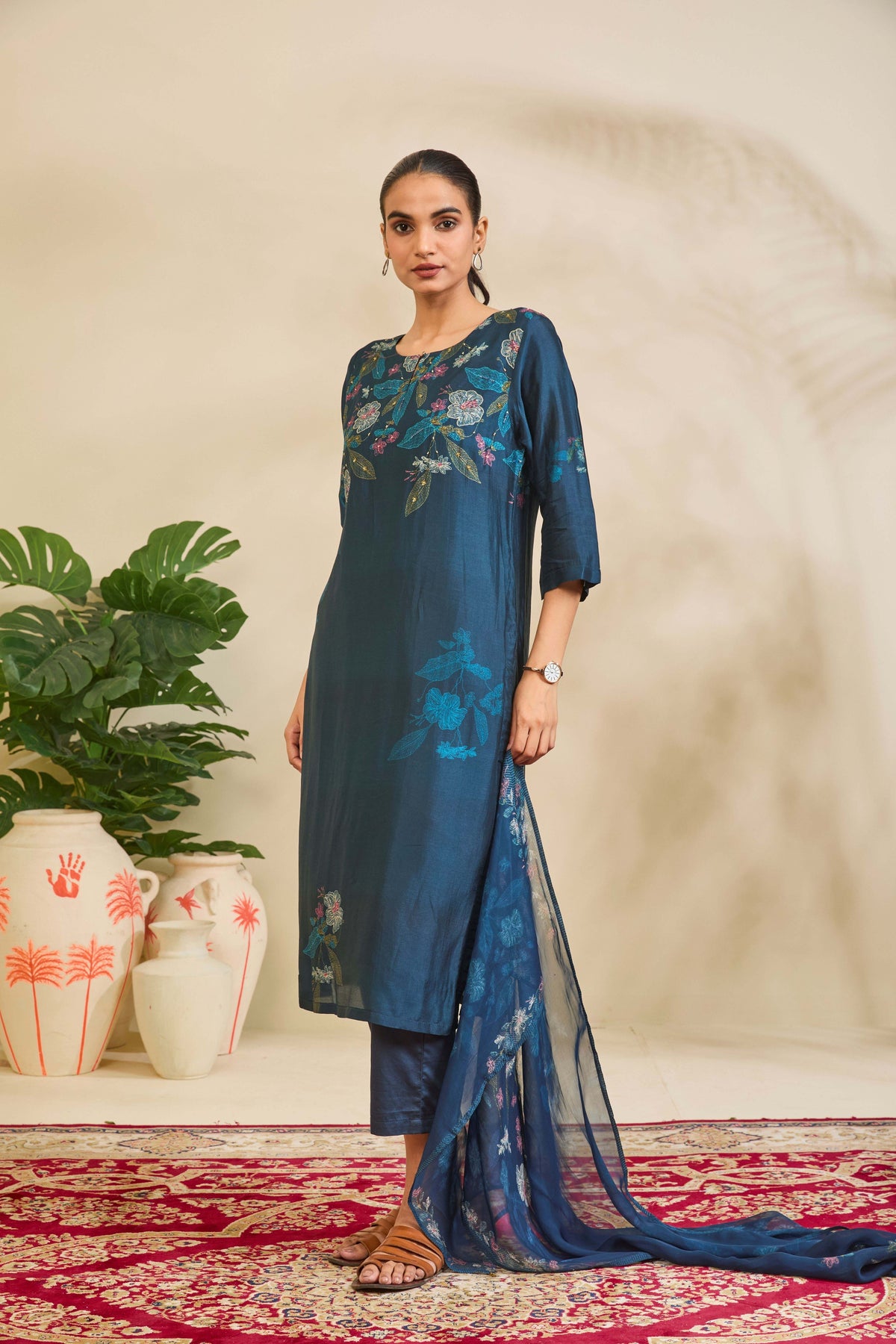 Petrol Teal Muslin Kurta Set with Floral Print and Highlights