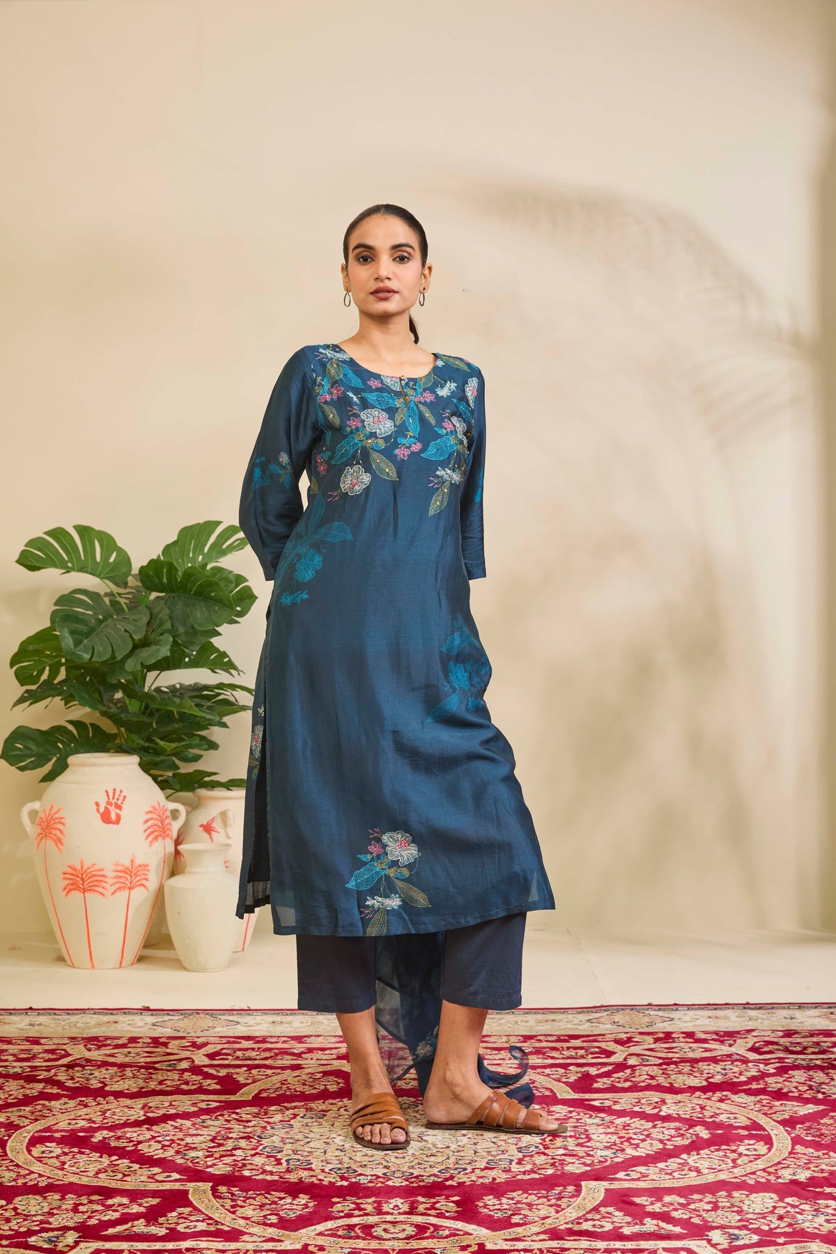 Petrol Teal Muslin Kurta Set with Floral Print and Highlights