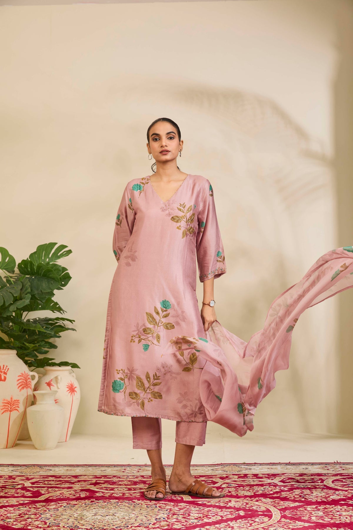 Dusty Mauve Muslin Kurta Set with Floral Print and Highlights