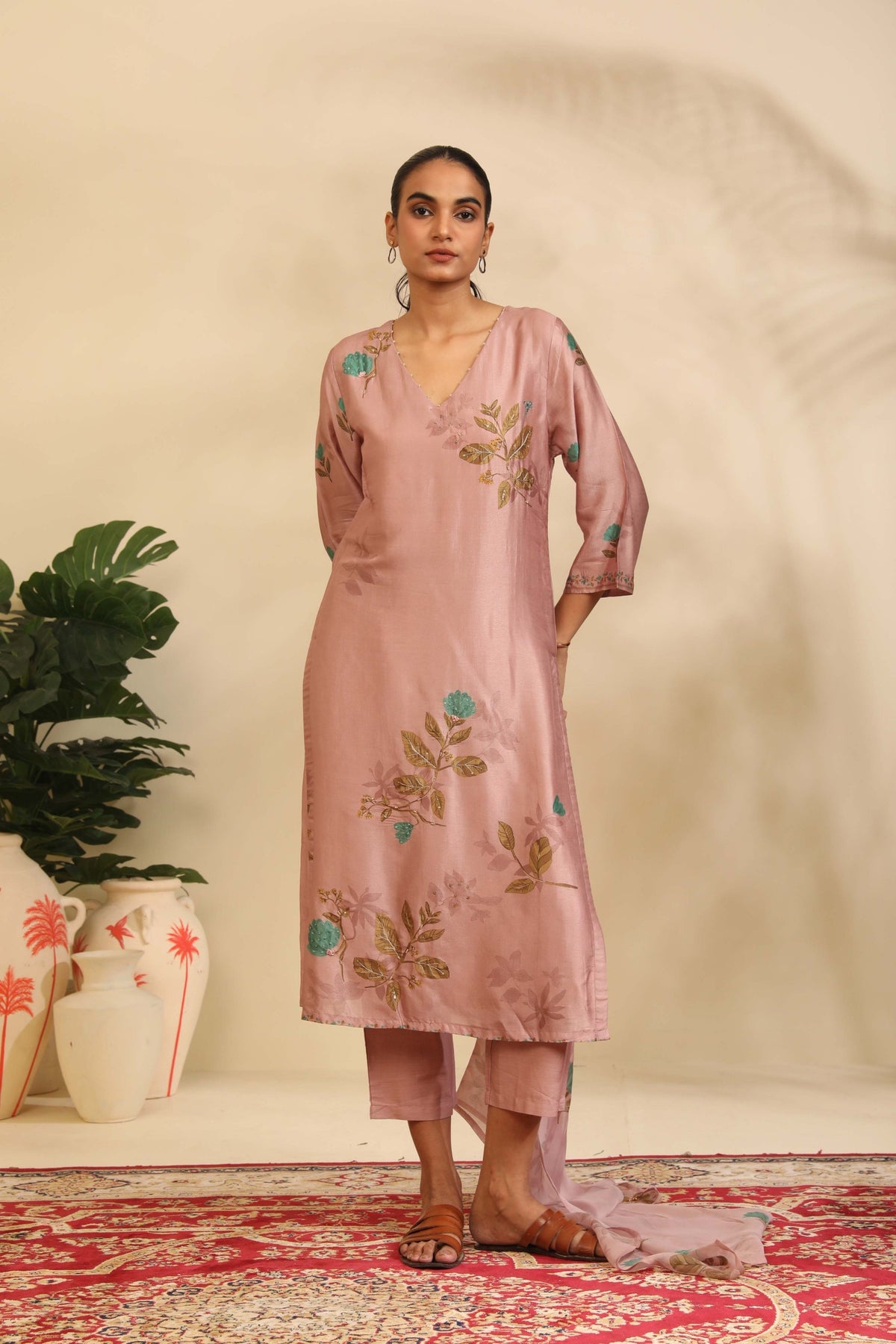 Dusty Mauve Muslin Kurta Set with Floral Print and Highlights