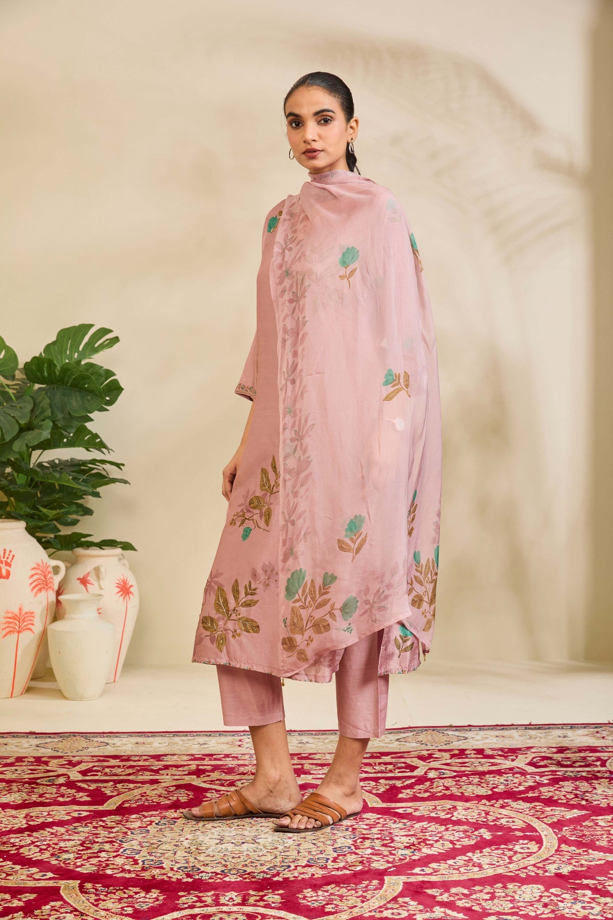 Dusty Mauve Muslin Kurta Set with Floral Print and Highlights