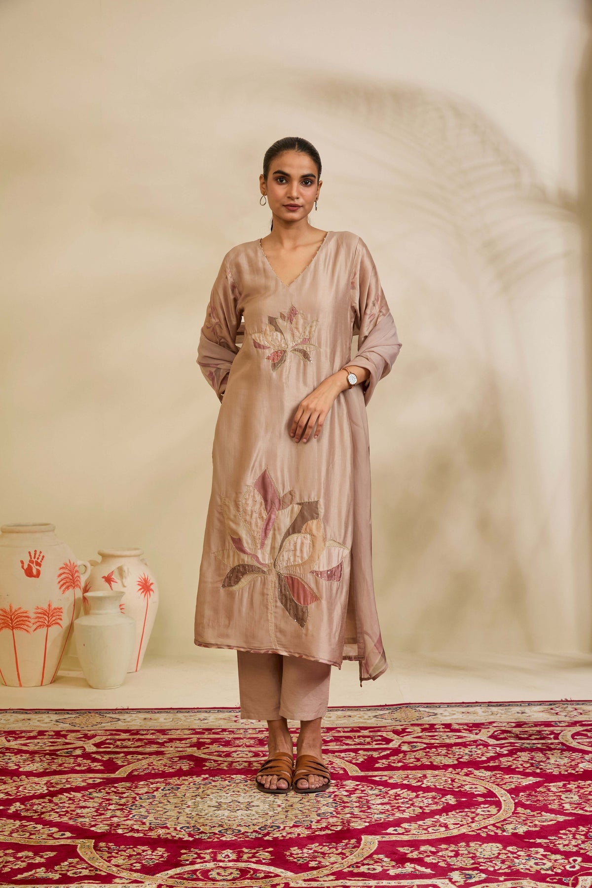 Taupe Beige Muslin Kurta Set with Lotus Appliqué and Highlights