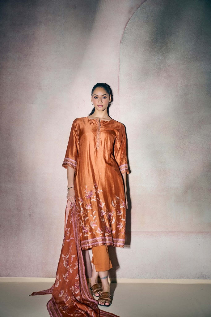 Rust Copper Silk Kurta Set with Floral Print and Highlights