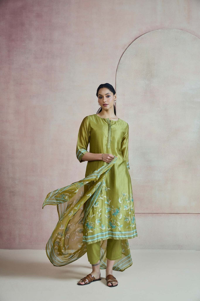 Olive Green Silk Kurta Set with Floral Print and Highlights