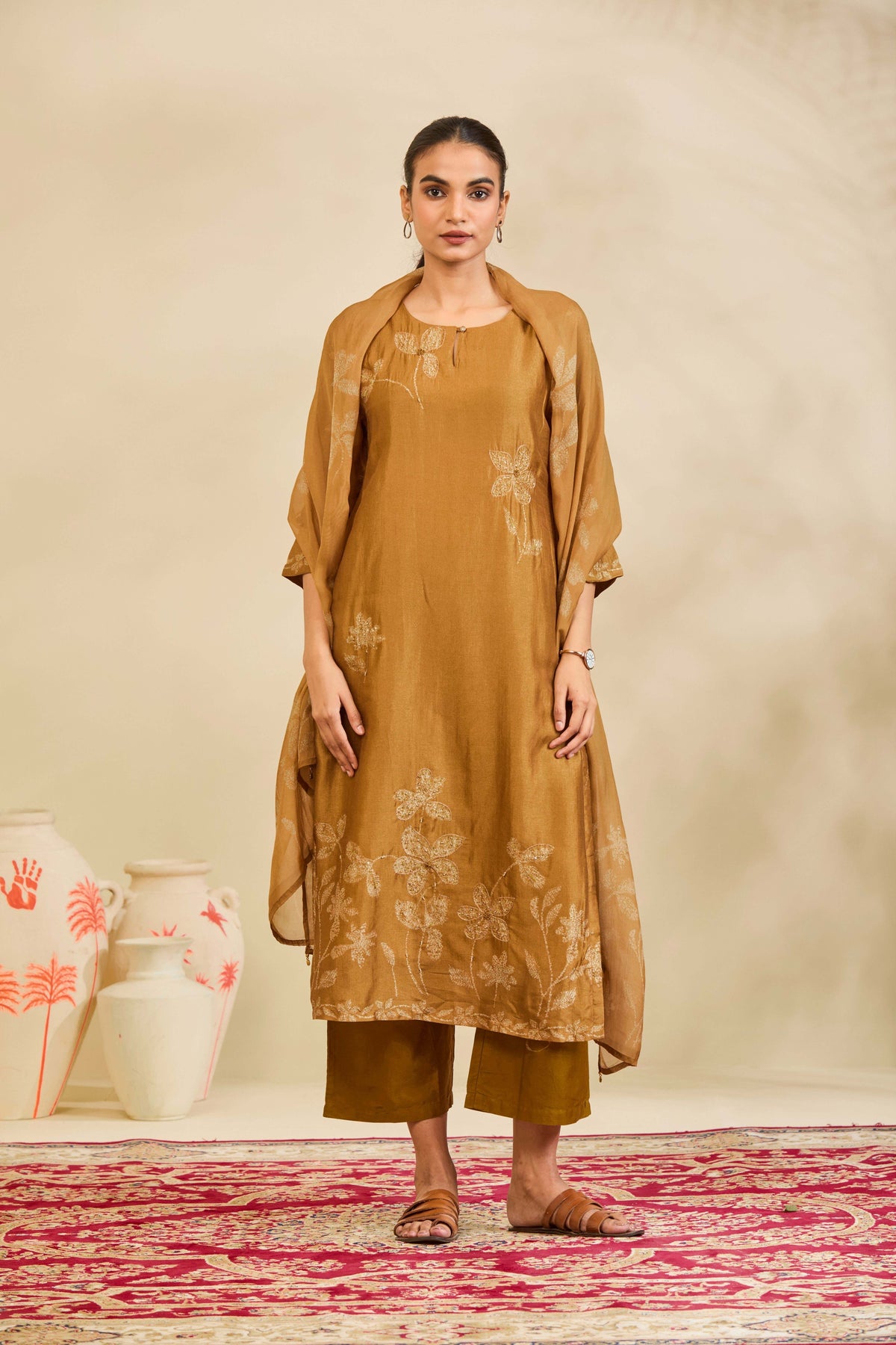 Golden Ochre Muslin Kurta Set with Floral Print and Highlights