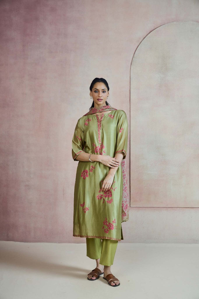 Moss Green Silk Kurta Set with Floral Thread Embroidery