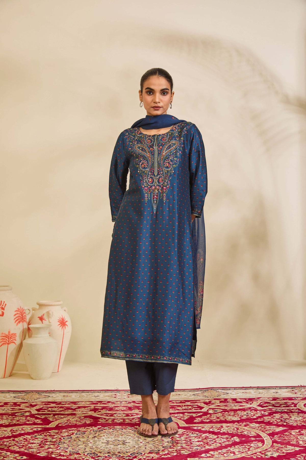 Teal Blue Printed Silk Kurta Set with Paisley Thread Embroidery