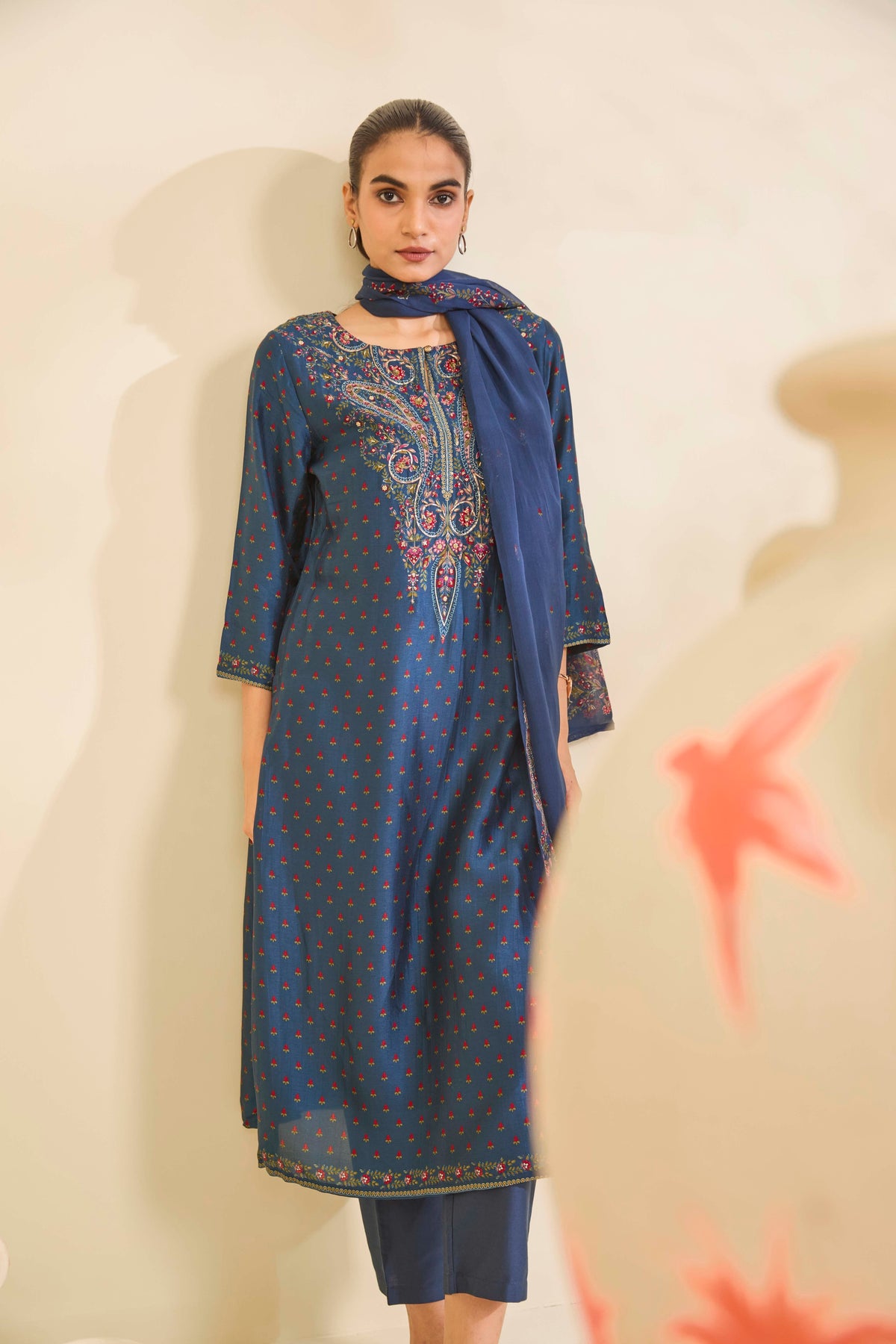 Teal Blue Printed Silk Kurta Set with Paisley Thread Embroidery