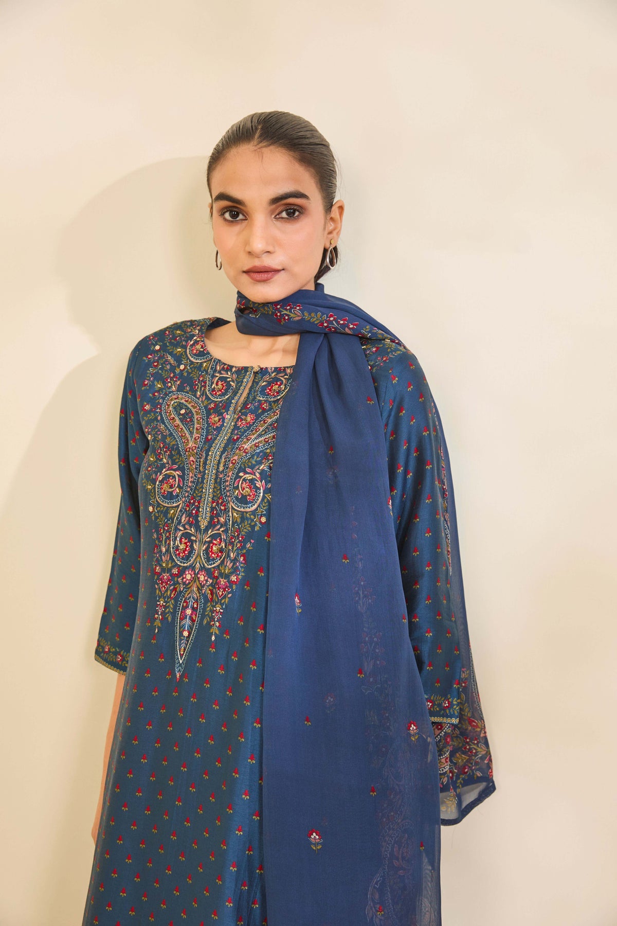 Teal Blue Printed Silk Kurta Set with Paisley Thread Embroidery