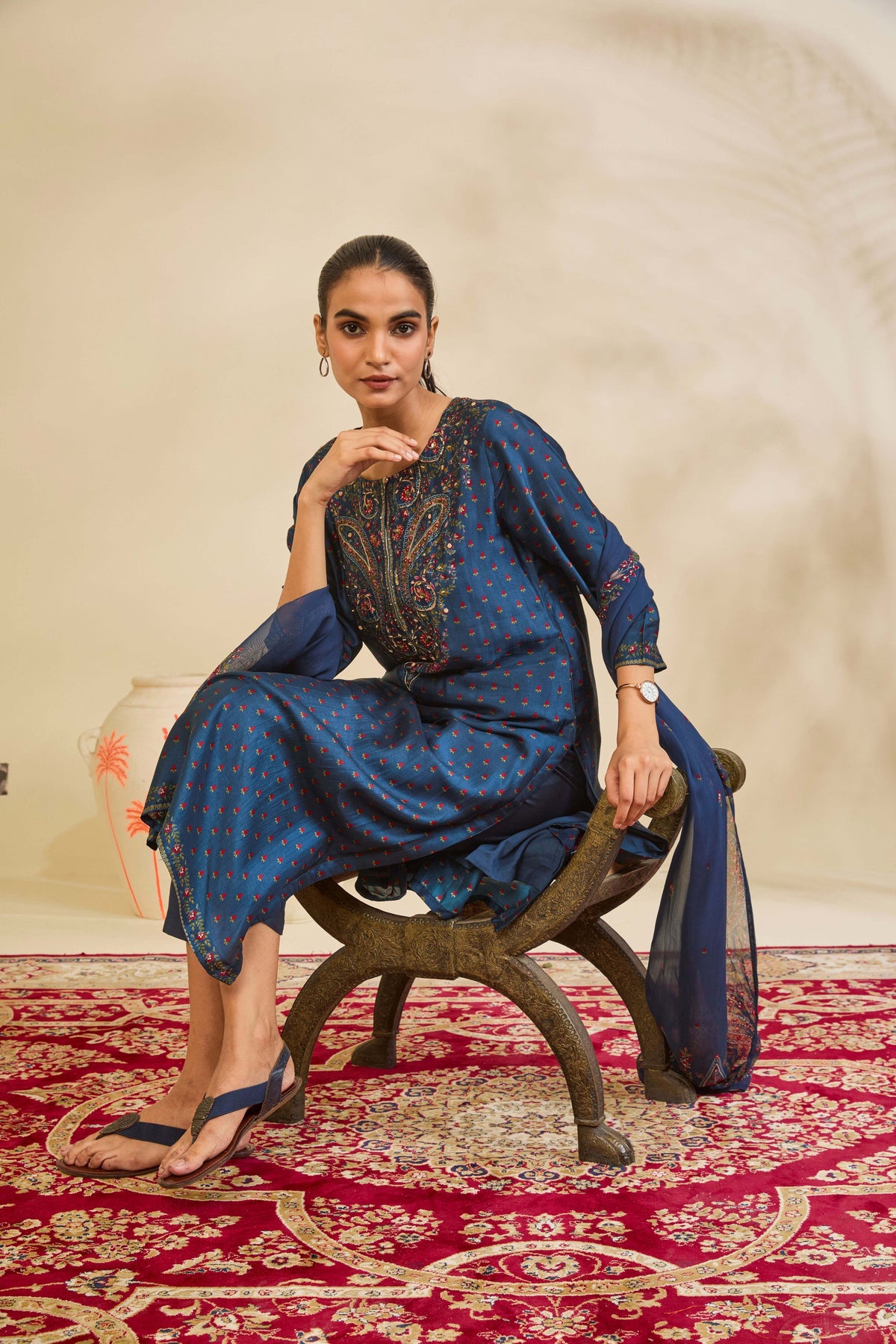 Teal Blue Printed Silk Kurta Set with Paisley Thread Embroidery