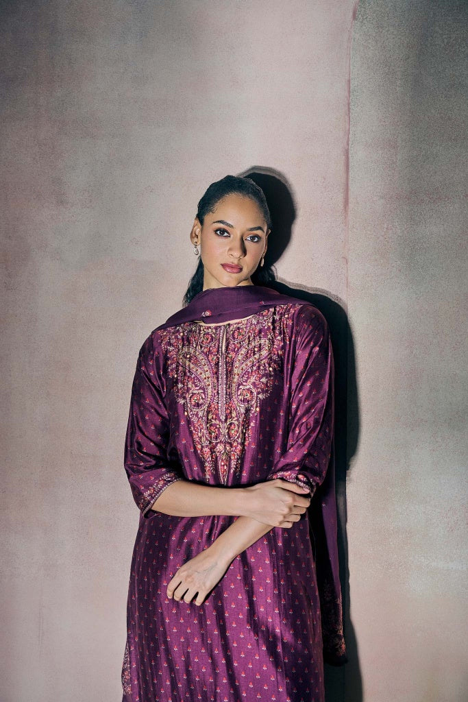 Plum Printed Silk Kurta Set with Paisley Thread Embroidery