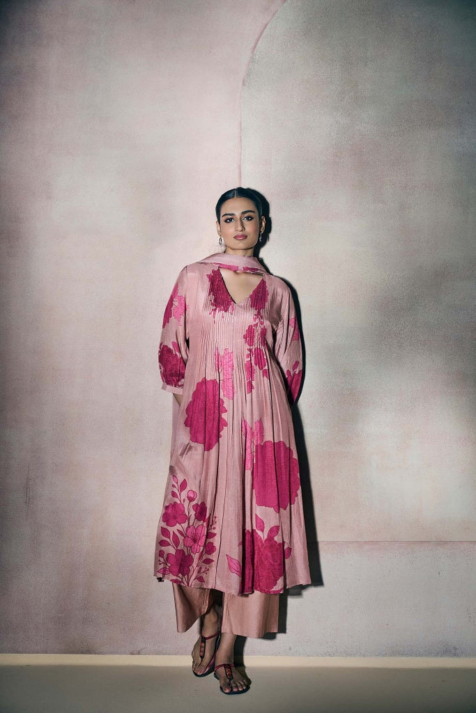 Dusty Rose Floral Printed Anarkali Kurta Set with Pintuck Detailing