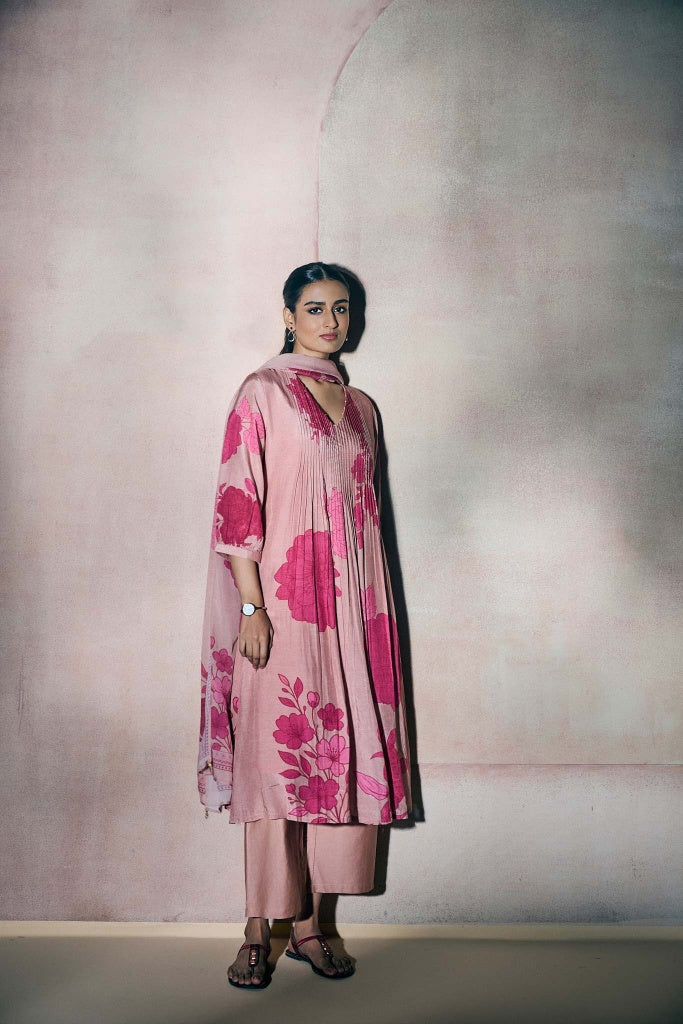 Dusty Rose Floral Printed Anarkali Kurta Set with Pintuck Detailing