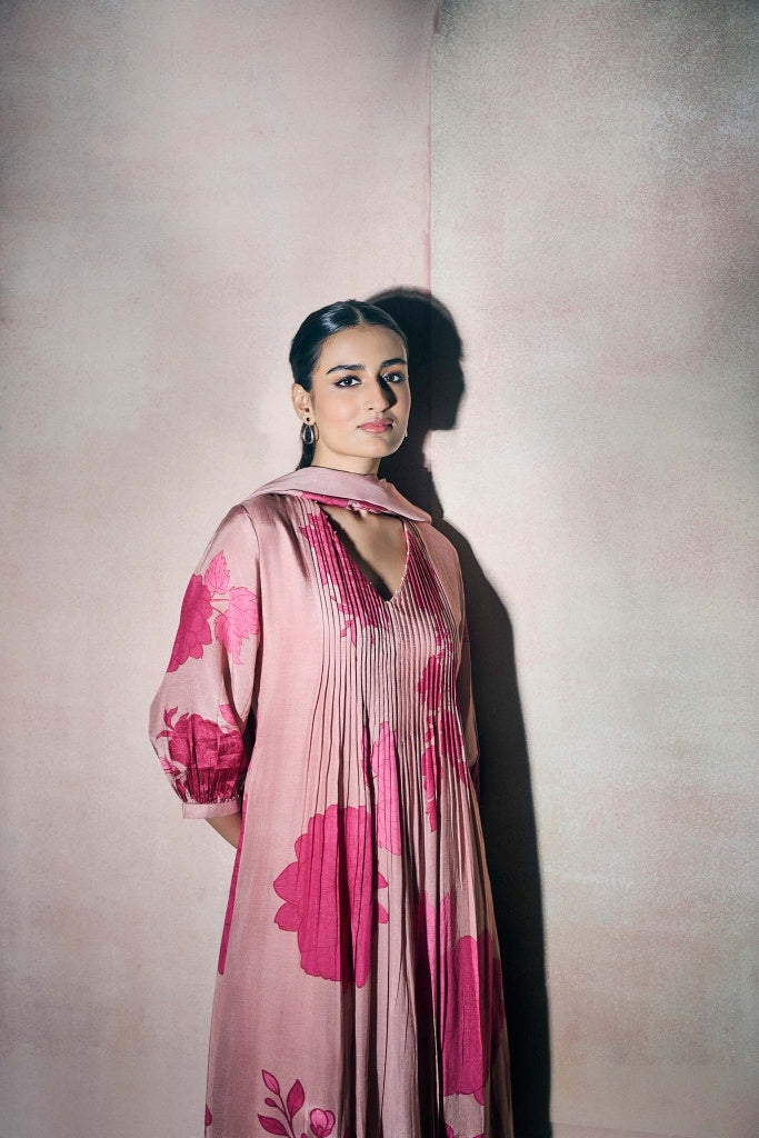 Dusty Rose Floral Printed Anarkali Kurta Set with Pintuck Detailing