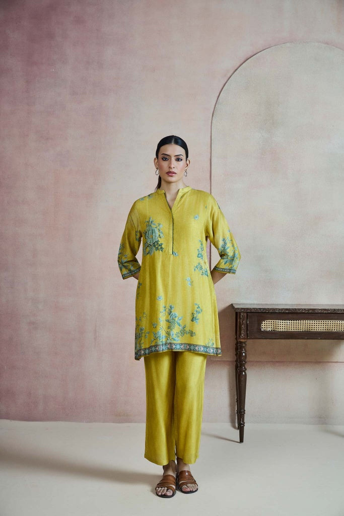 Mustard Green Printed Silk Co-ord Set with Floral Border