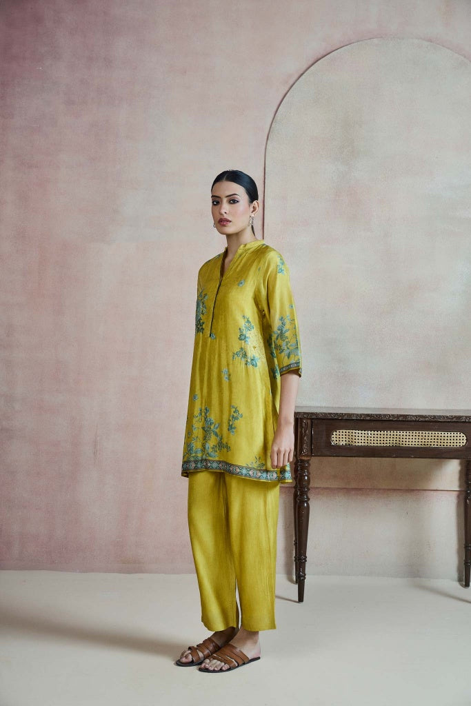 Mustard Green Printed Silk Co-ord Set with Floral Border