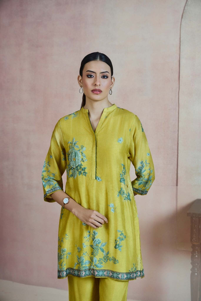 Mustard Green Printed Silk Co-ord Set with Floral Border