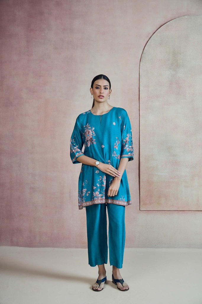 Peacock Blue Printed Silk Co-ord Set with Floral Border