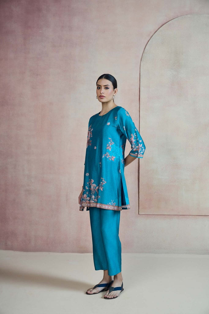 Peacock Blue Printed Silk Co-ord Set with Floral Border