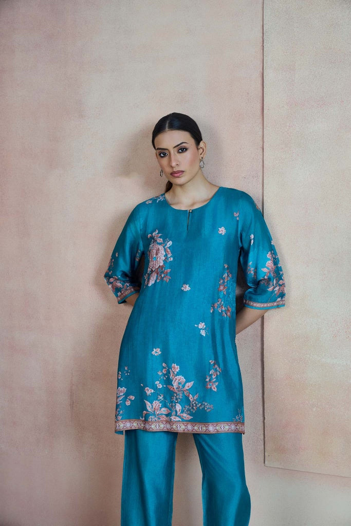 Peacock Blue Printed Silk Co-ord Set with Floral Border