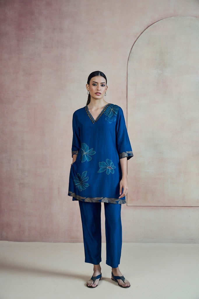Royal Blue Floral Co-ord Set with Embellished V-Neckline
