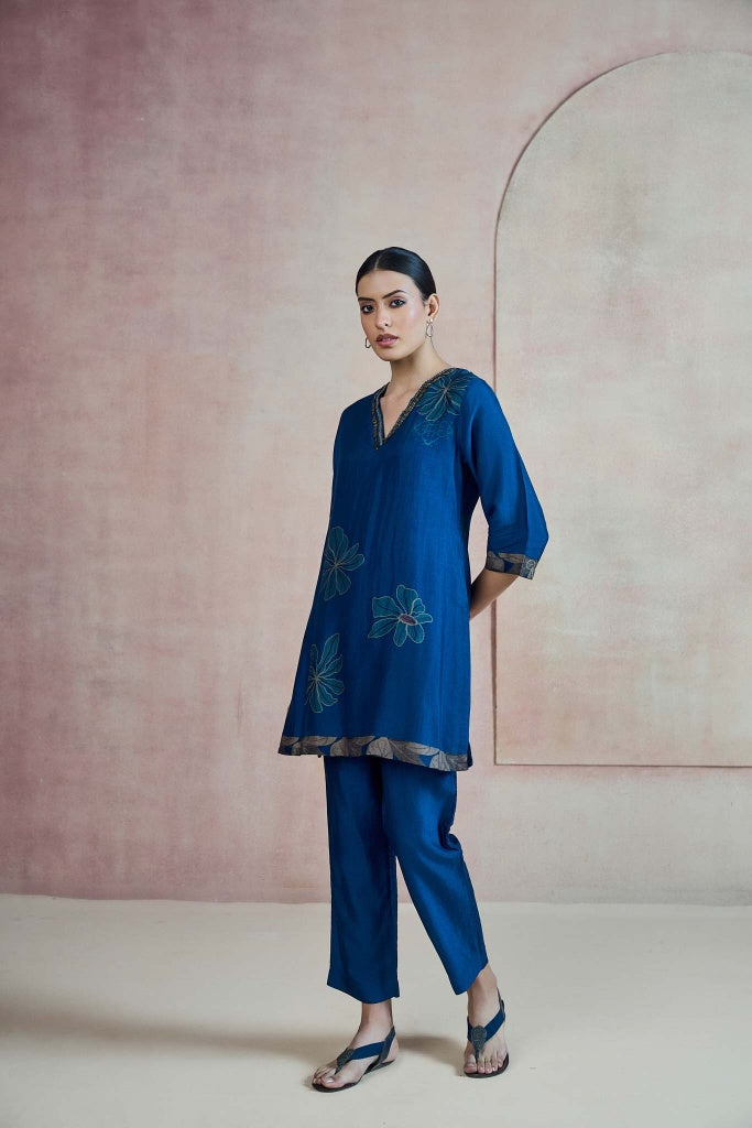 Royal Blue Floral Co-ord Set with Embellished V-Neckline