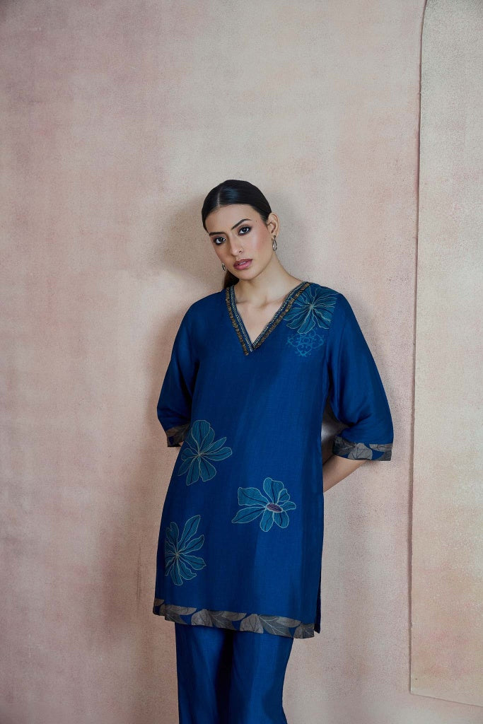 Royal Blue Floral Co-ord Set with Embellished V-Neckline
