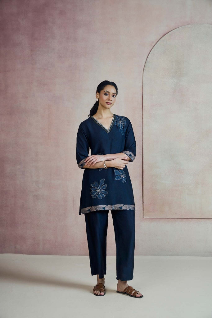 Midnight Navy Floral Co-ord Set with Embellished V-Neckline