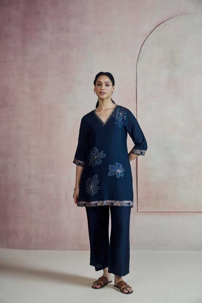 Midnight Navy Floral Co-ord Set with Embellished V-Neckline