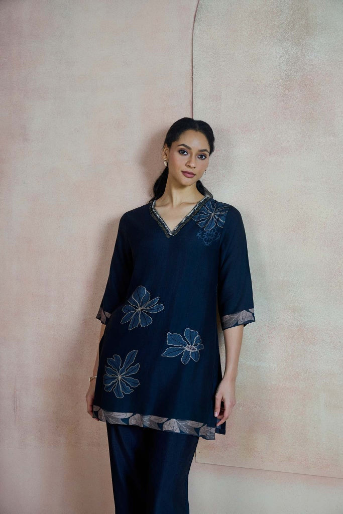 Midnight Navy Floral Co-ord Set with Embellished V-Neckline